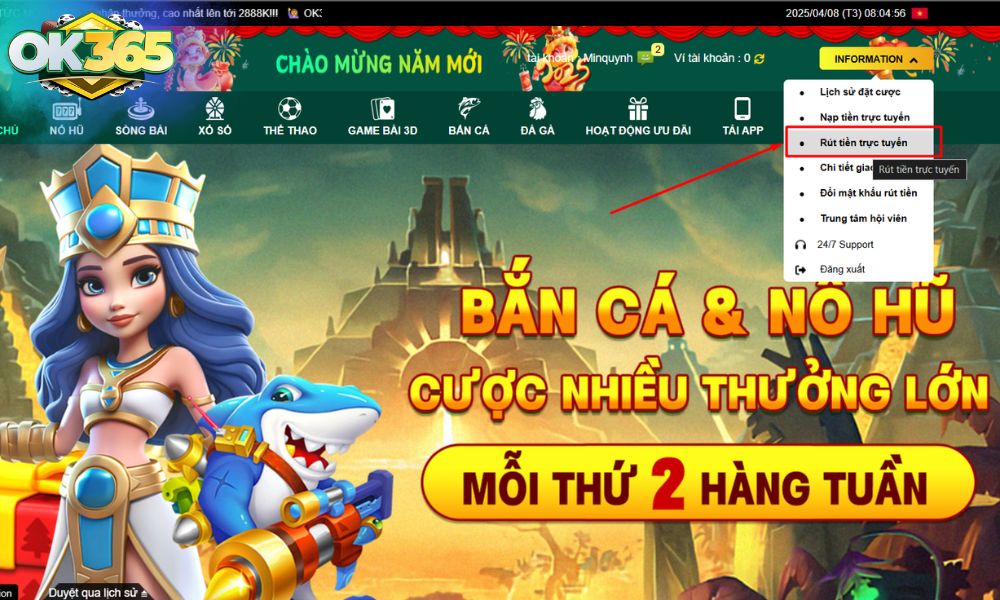 Tại trang chủ chọn “Rút tiền trực tuyến”